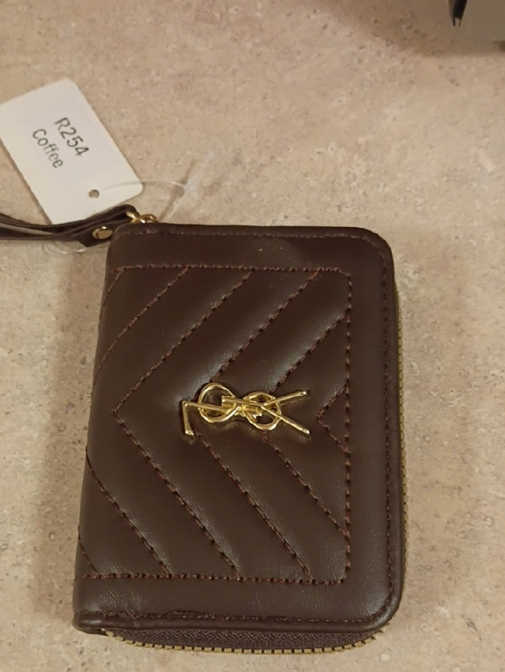Gold Logo Quilted Brown Zip Wallet